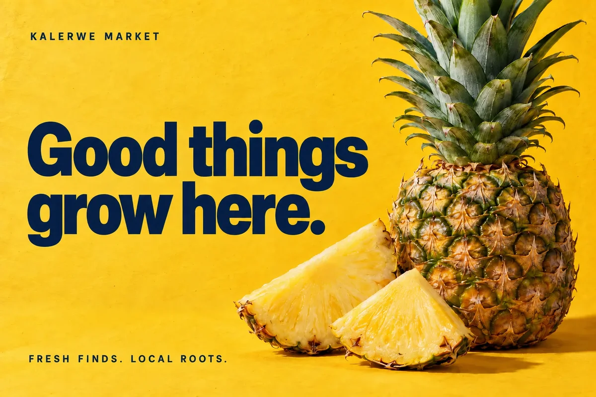 Market campaign project: fresh pineapple with the headline Good things grow here.