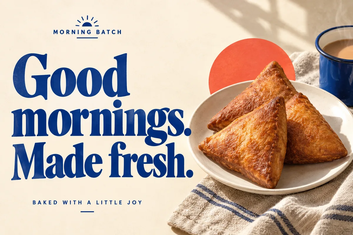 Bakery campaign project: golden mandazi, a tea mug and the words Good mornings. Made fresh.